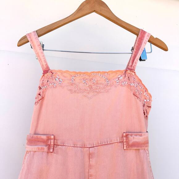 Free People Leighton Wide Leg Jumpsuit Pink Cotton Lace Overalls Denim Small - Picture 10 of 14